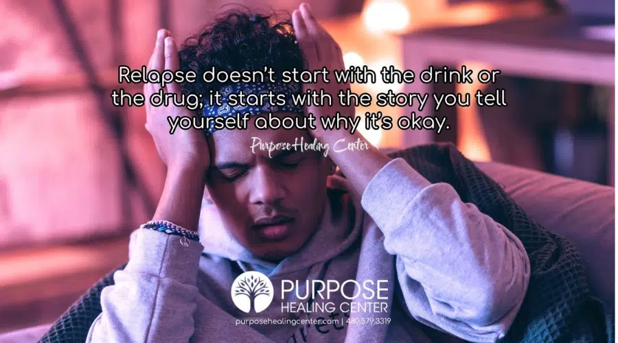 Image of a man in pain, holding his hands on his forehead - Relapse Justification - Purpose Healing Center