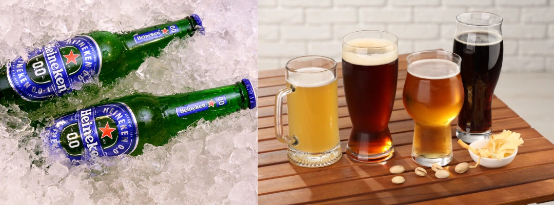 Image of a non-alcoholic beer next to a regular beer, showing the similarity in appearance and potential to trigger cravings