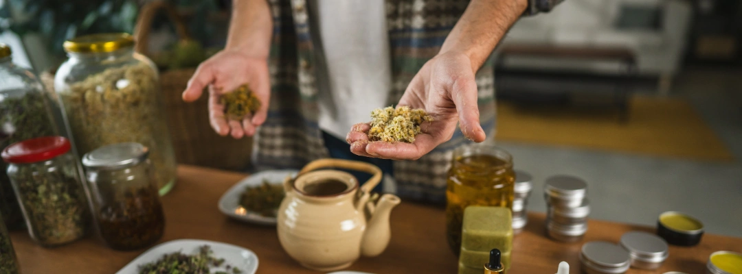 Image of a person exploring natural wellness alternatives such as herbal supplements